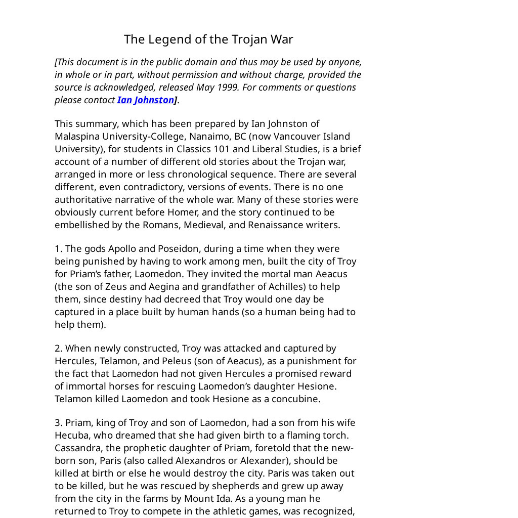 The Legend of the Trojan War Handout