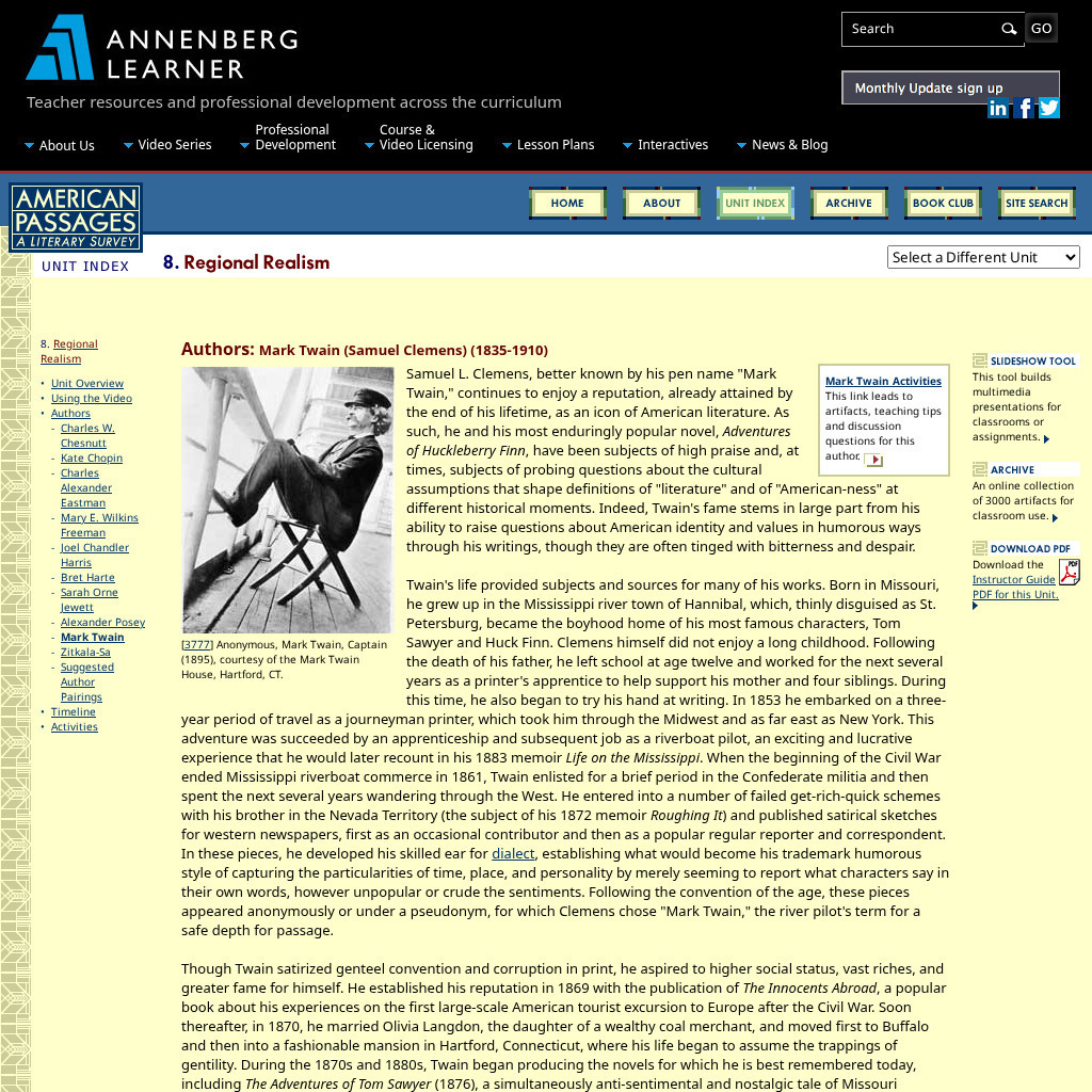 Annenberg Learner: American Passages: Regional Realism: Mark Twain Unit Plan