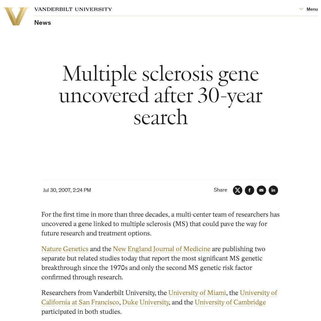 Vanderbilt: Exploration: Multiple Sclerosis Gene Discovered Interactive