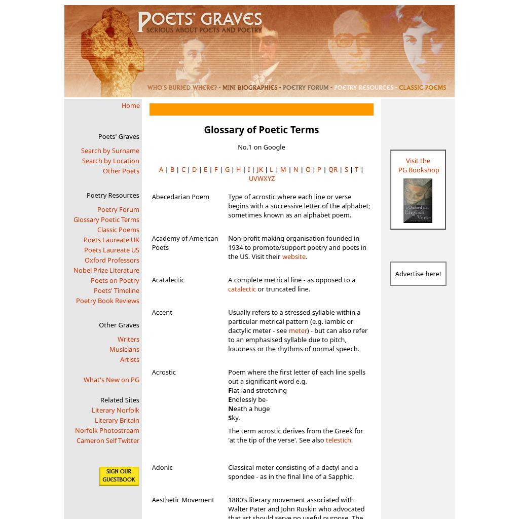 Poets' Graves: Glossary of Poetic Terms Handout