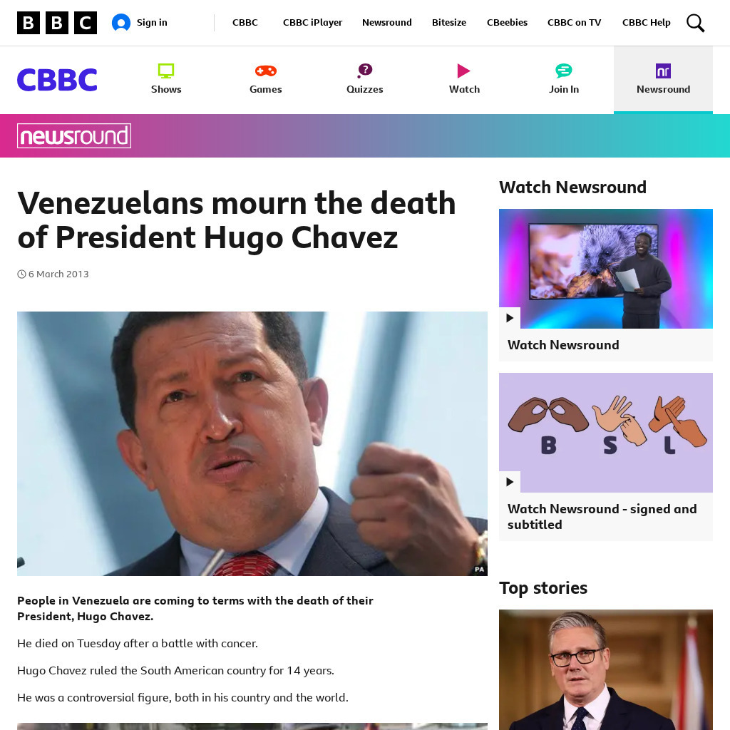 Bbc Newsround: Venezuelans Mourn Death of President Hugo Chavez Article