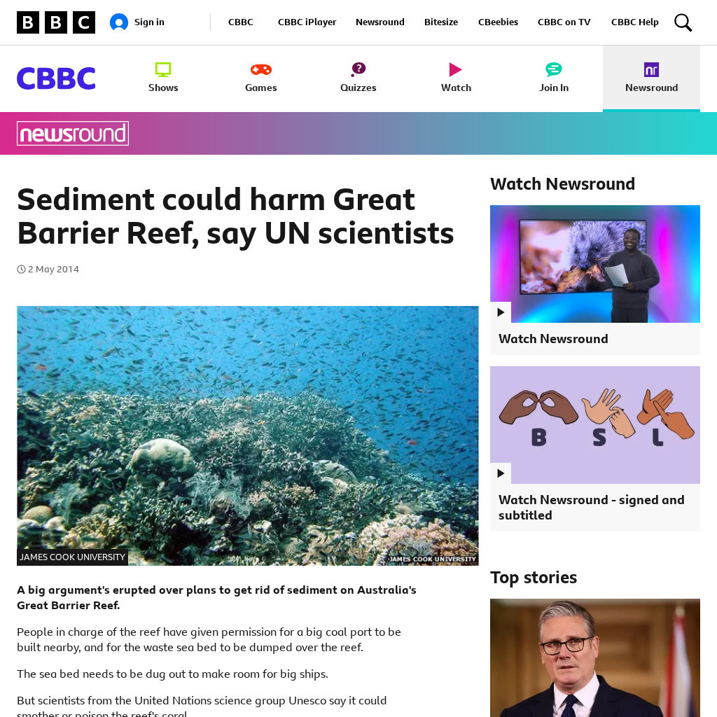 Bbc Newsround: Week of 5 5 14: Sediment Could Harm Great Barrier Reef Article