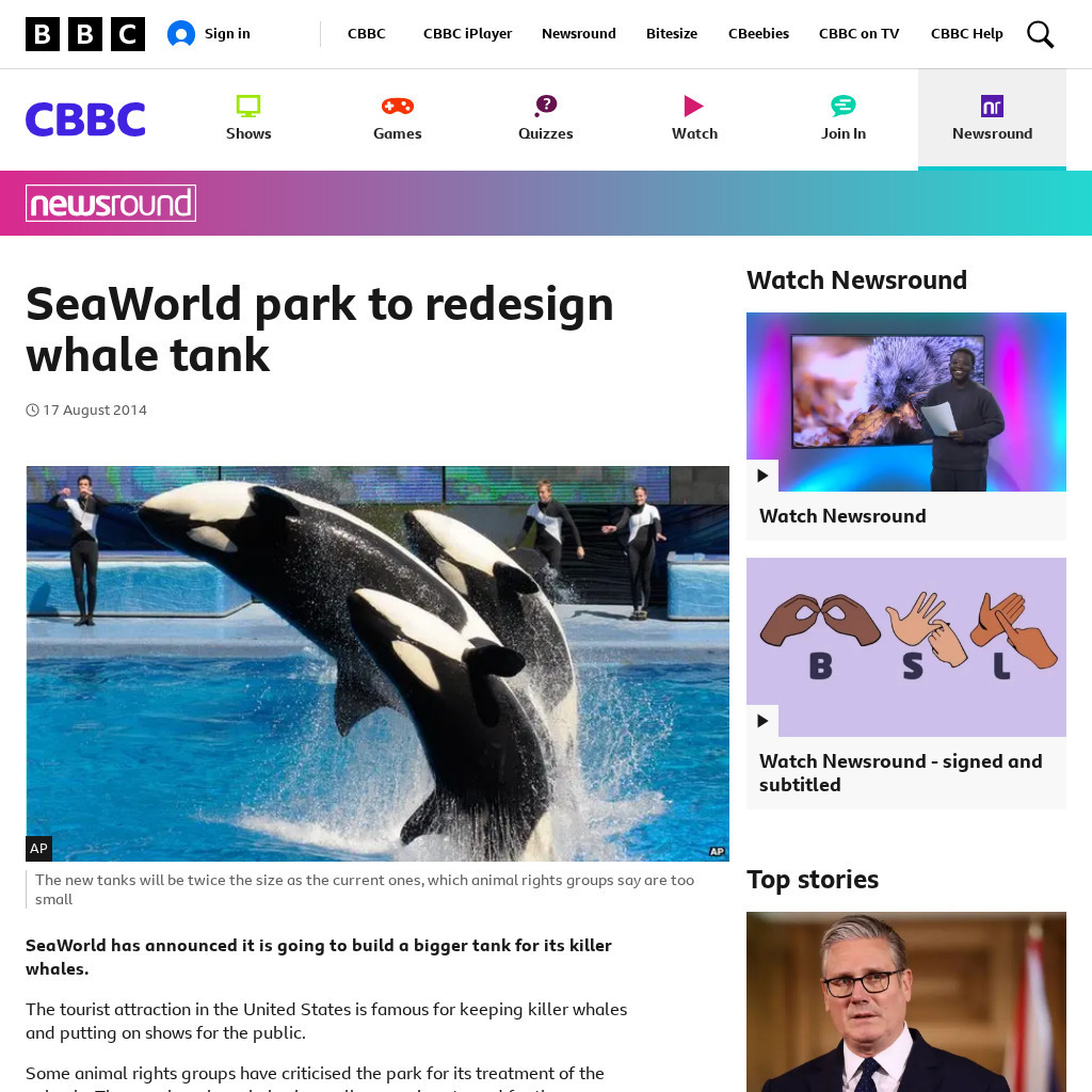 Bbc Newsround: Week of 8 18 14: Sea World to Redesign Whale Tank Article