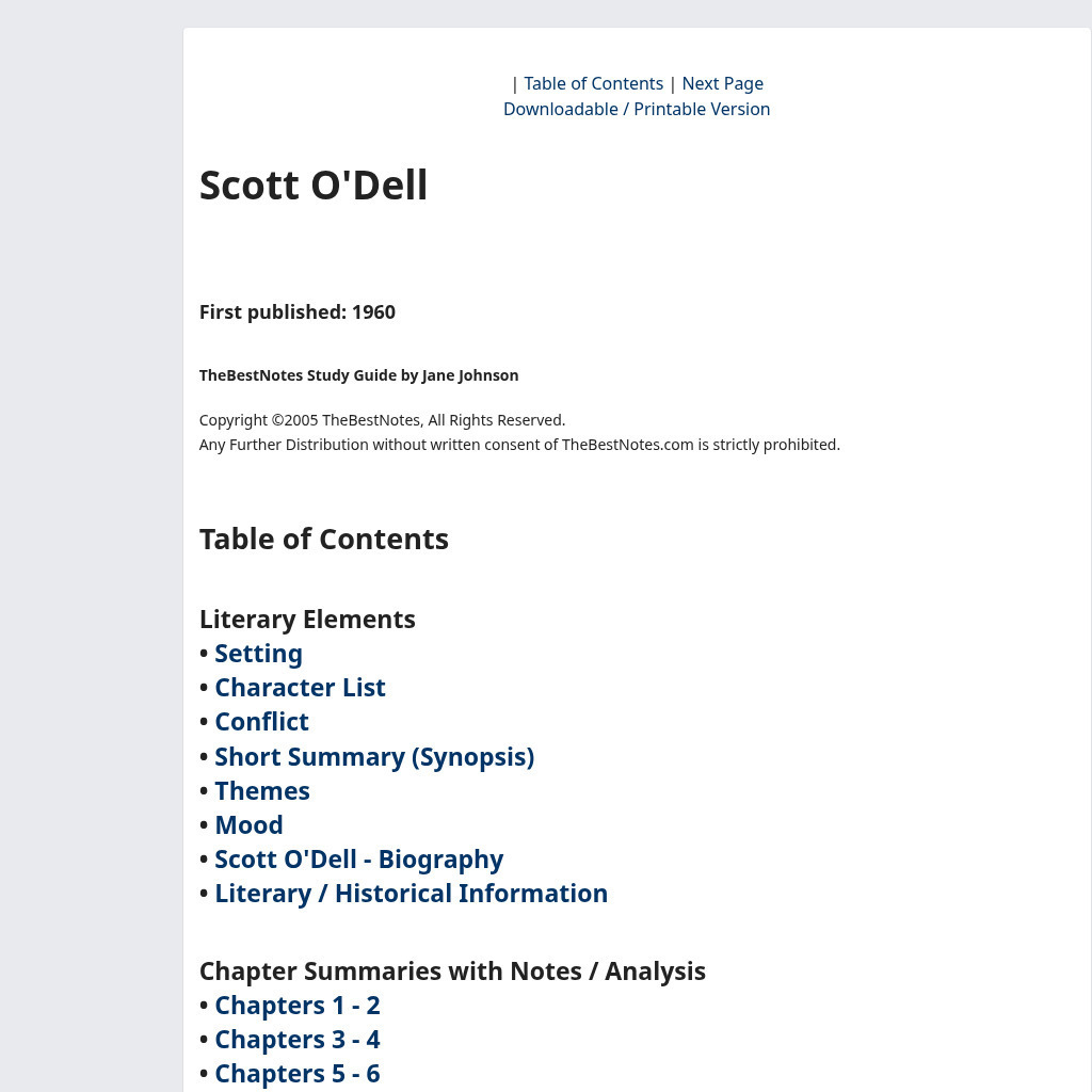 The Best Notes: Island of the Blue Dolphins by Scott O'dell Unit Plan