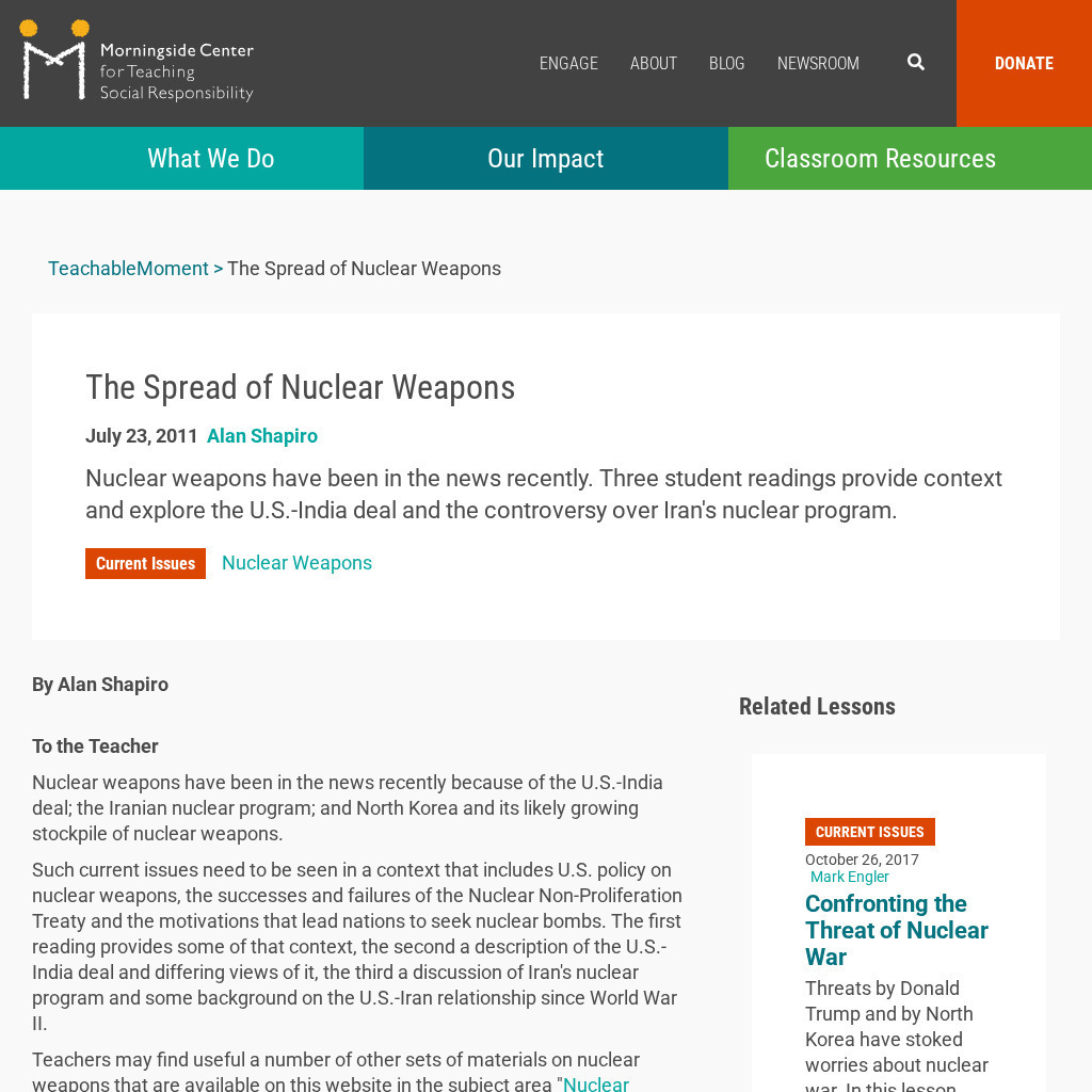 Teaching Social Responsibility: Teachable Moment: The Spread of Nuclear Weapons Lesson Plan