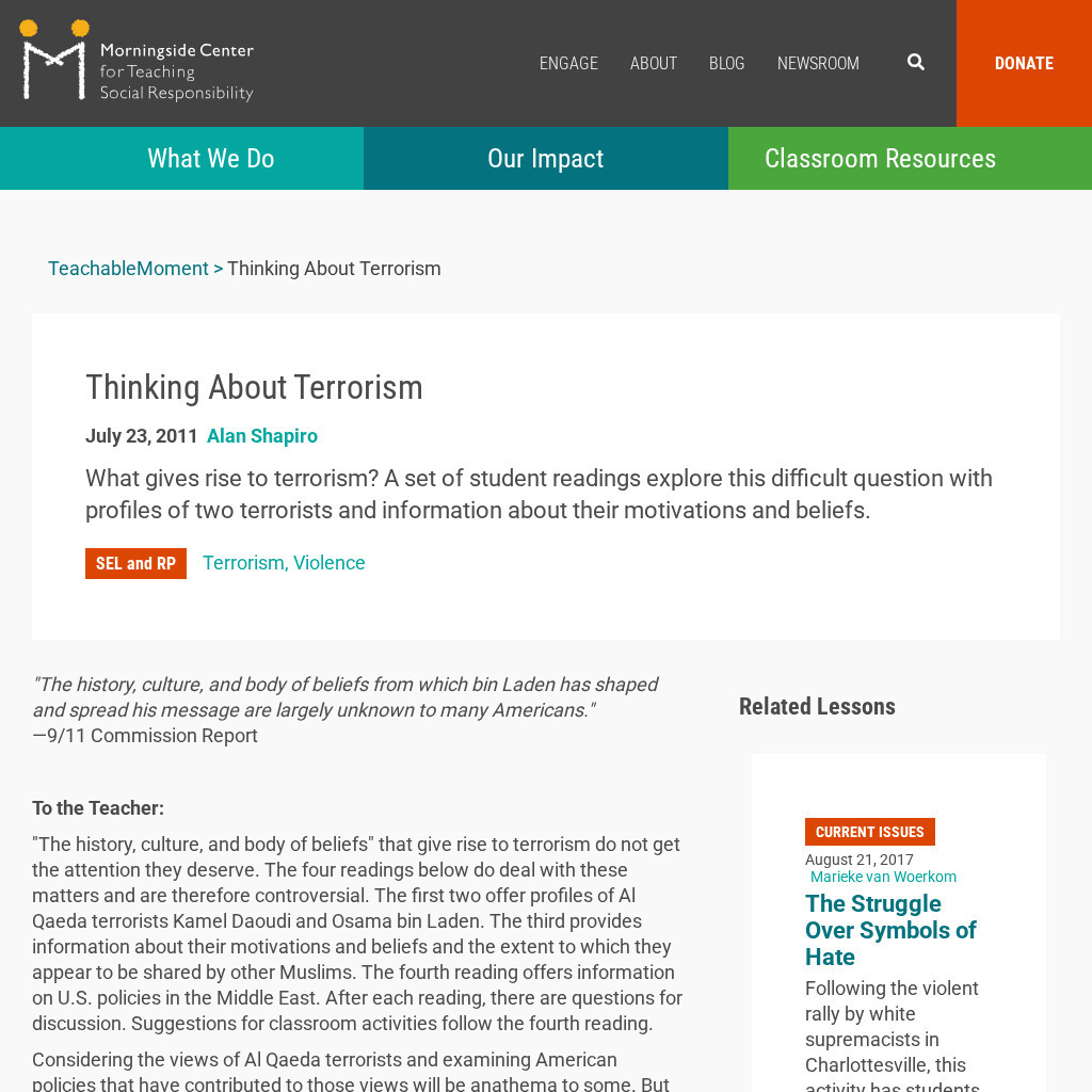 Teaching Social Responsibility: Teachable Moment: Terrorism Lesson Plan