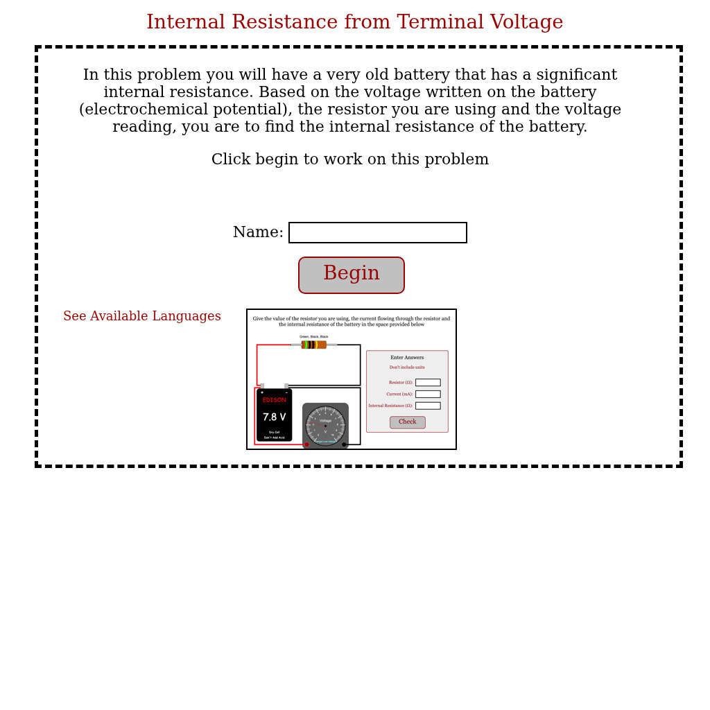 Physics Aviary: Practice Problems: Internal Resistance of a Battery From Voltage Assessment