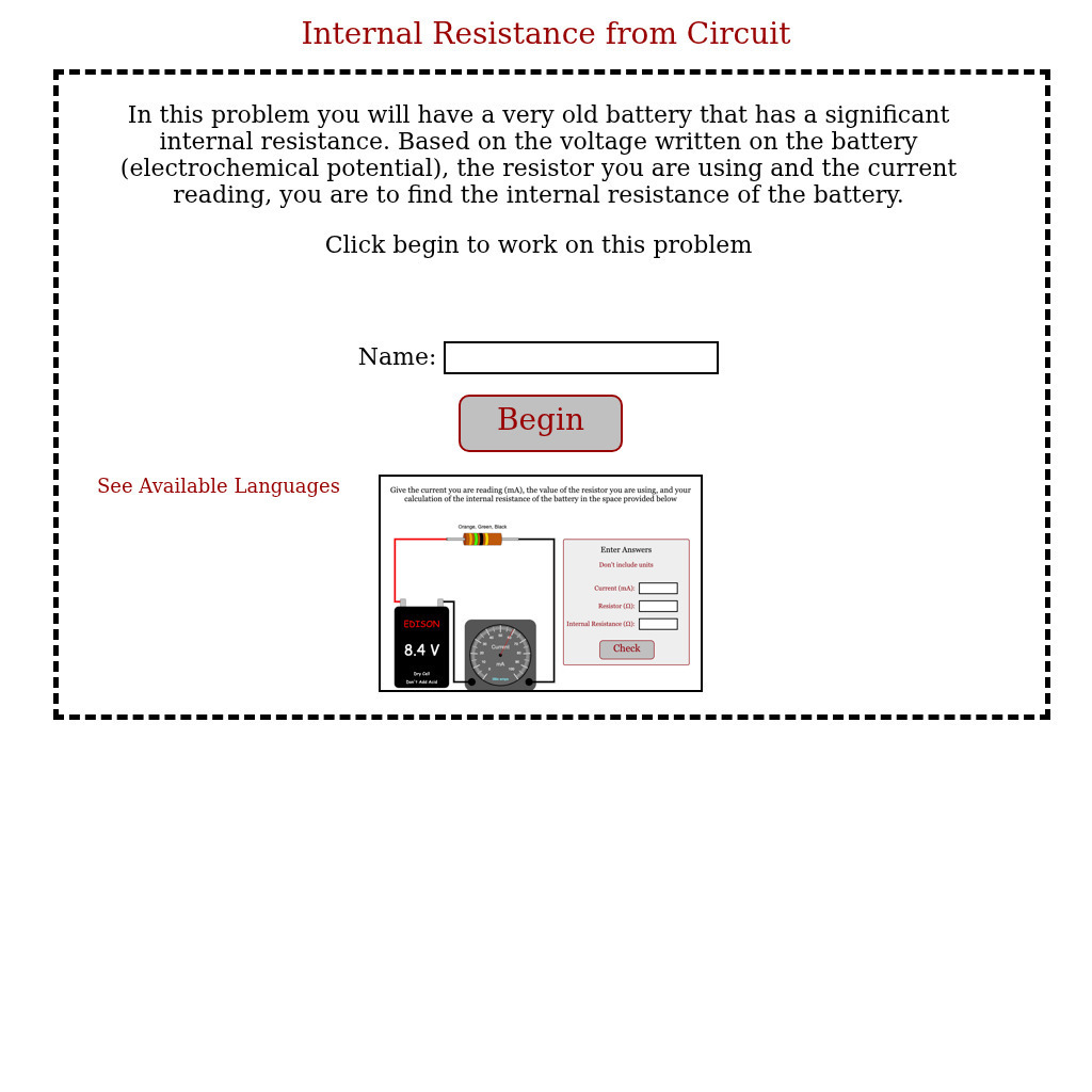 Physics Aviary: Practice Problems: Finding Internal Resistance of a Battery Assessment
