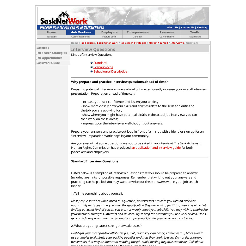 Sask Net Work: Interview Questions: Kinds of Interview Questions Handout