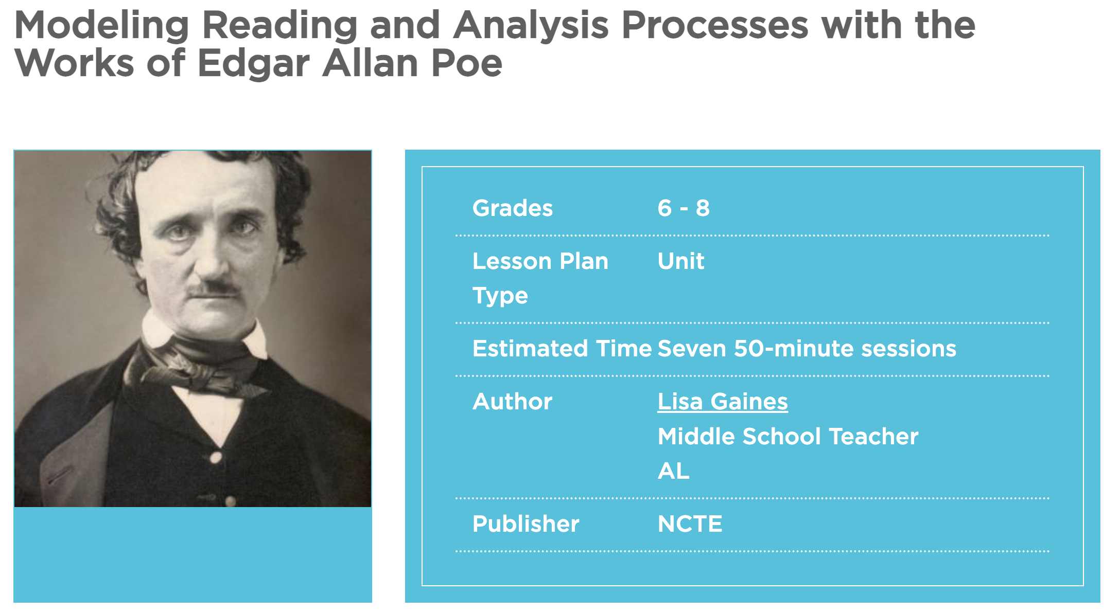 Modeling Reading and Analysis Processes with The Works Of Edgar Allan Poe Unit Plan