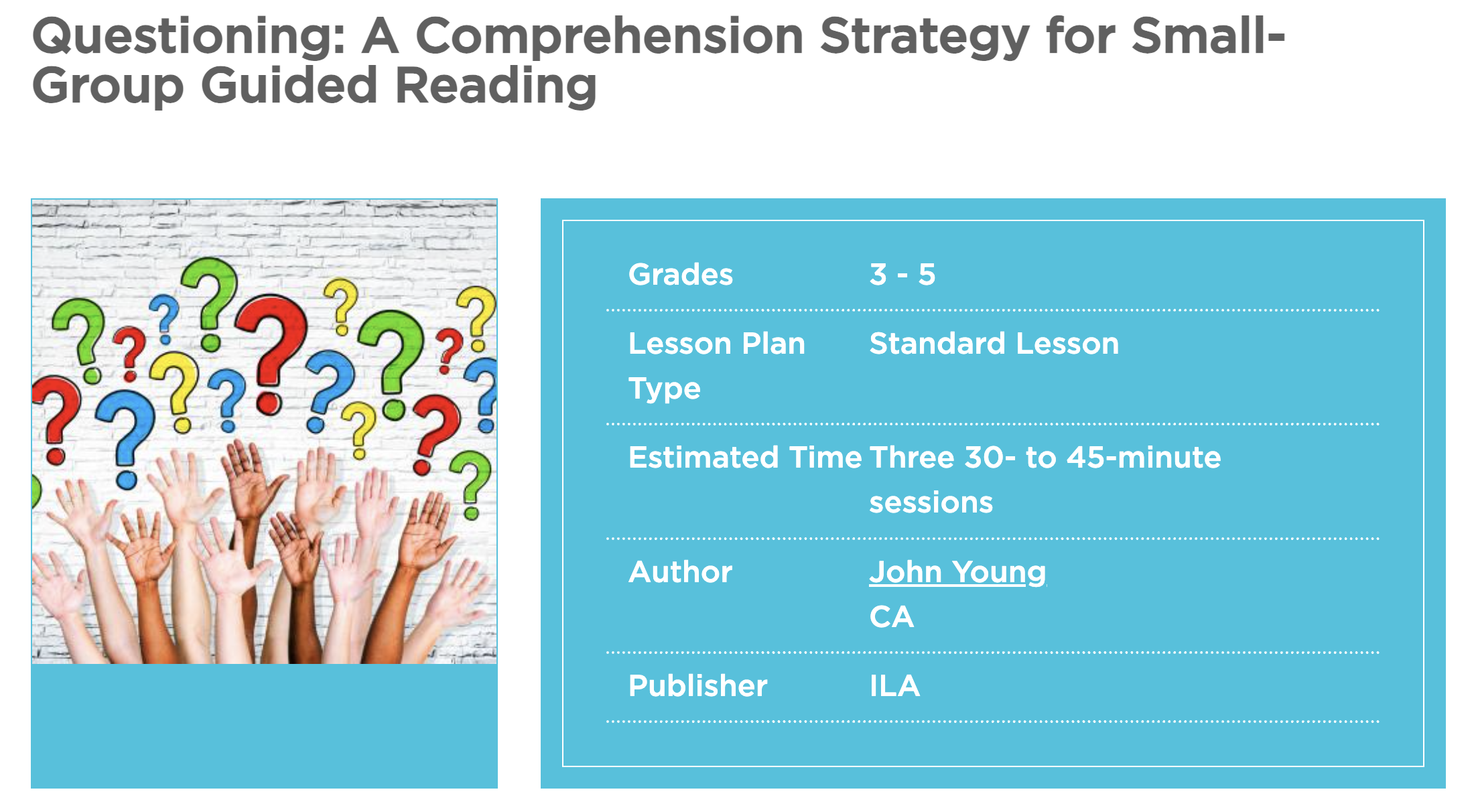 Questioning: A Comprehension Strategy for Guided Reading Lesson Plan
