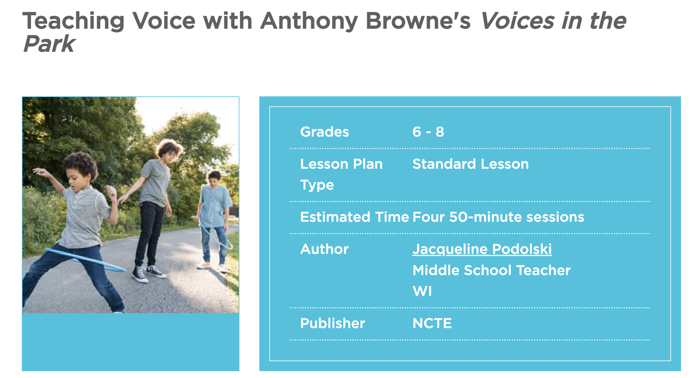 Teaching Voice with Anthony Browne's Voices in the Park Lesson Plan