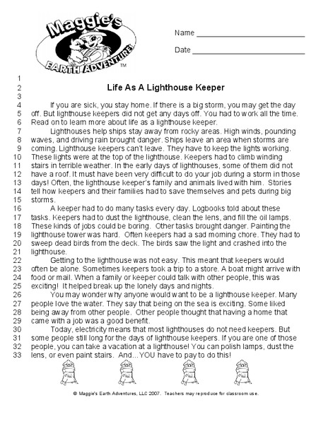 Life as a Lighthouse Keeper Worksheet