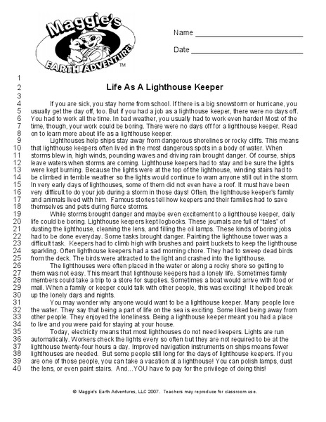 Life as a Lighthouse Keeper Worksheet