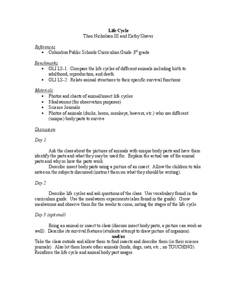 Life Cycle Lesson Plan