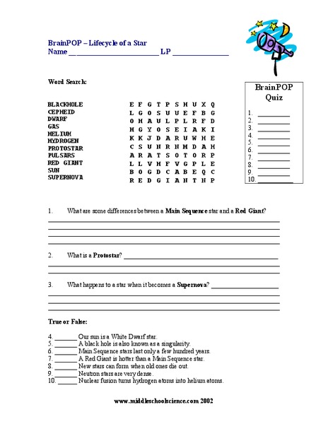 Life Cycle of a Star Worksheet