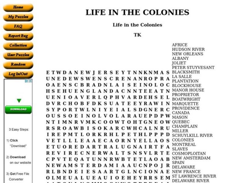 Life in the Colonies Worksheet