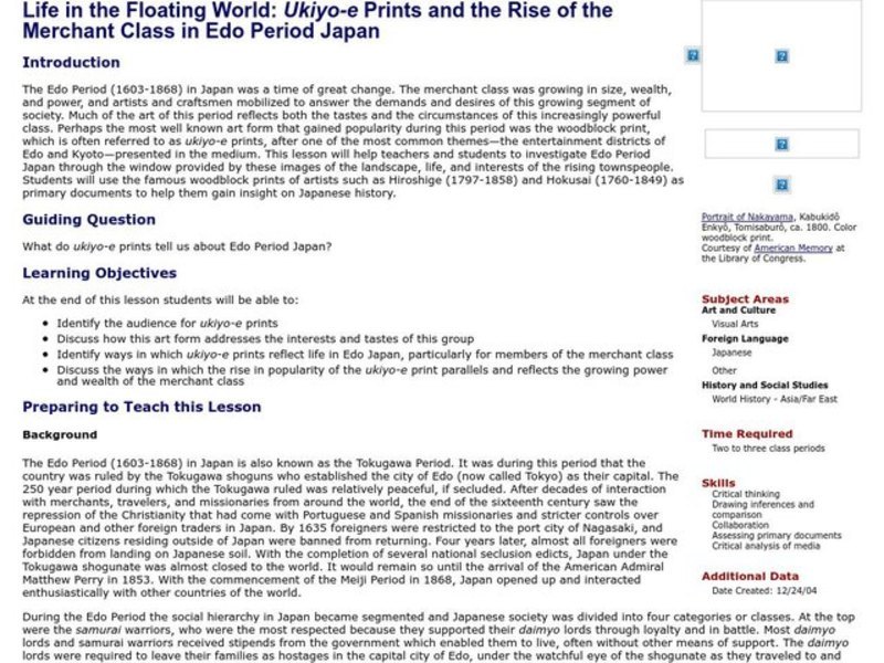 Life in the Floating World: Ukiyo-e Prints and the Rise of the Merchant Class in Edo Period Japan Lesson Plan