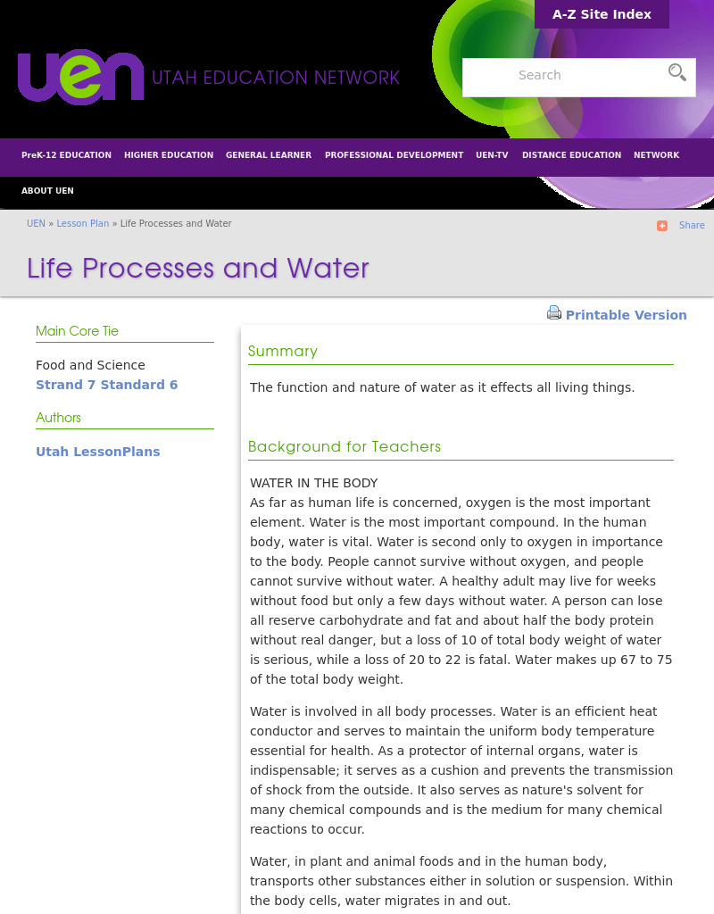 Life Processes and Water Lesson Plan