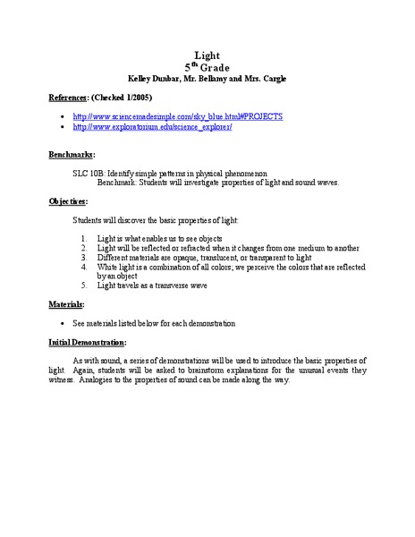Light Lesson Plan