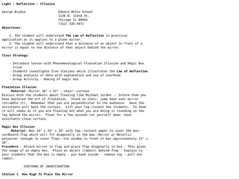 Light - Reflection - Illusion Lesson Plan