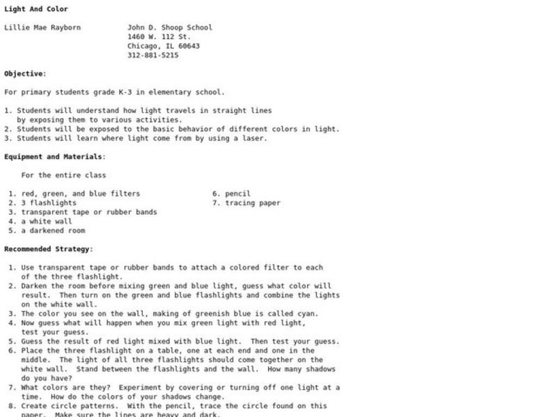 Light and Color Lesson Plan