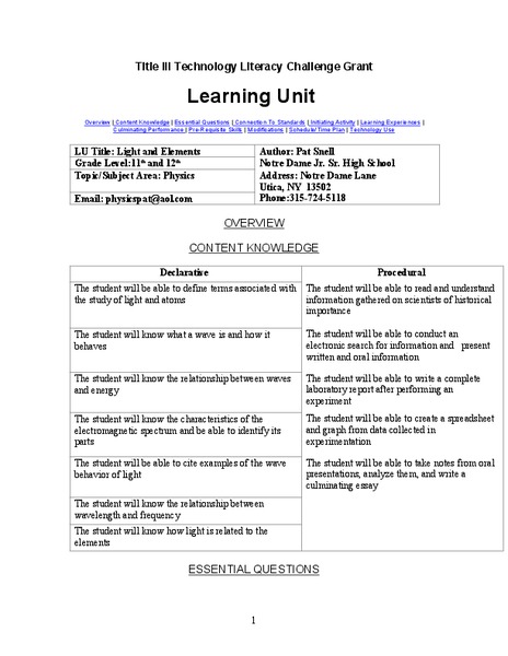Light and Elements Lesson Plan