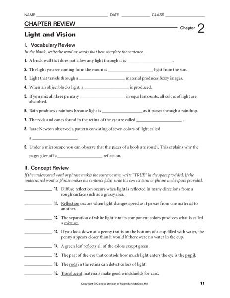 Light and Vision Worksheet