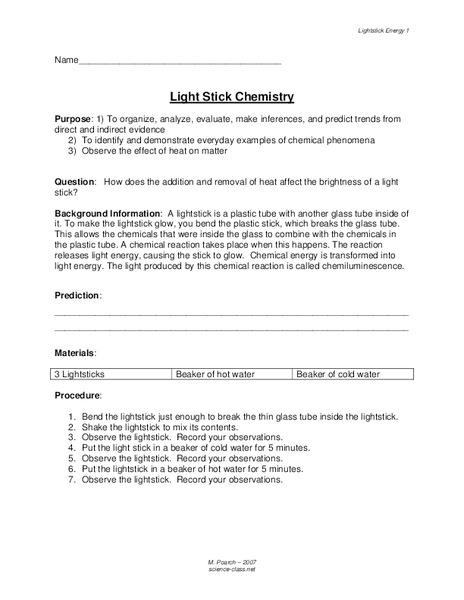 Light Stick Chemistry Worksheet