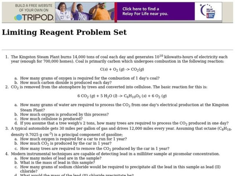 Limiting Reactant Worksheet