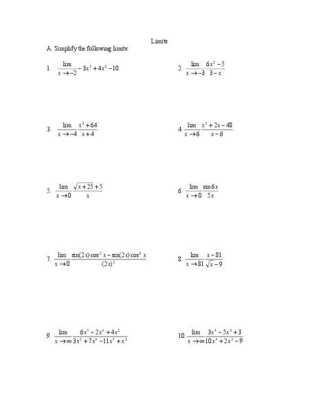 Limits Worksheet
