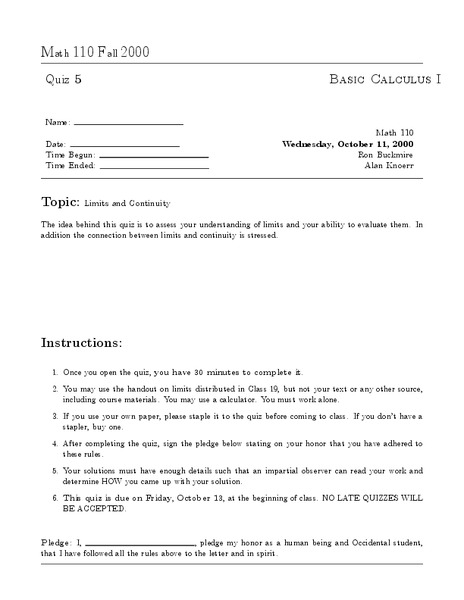 Limits and Continuity Worksheet