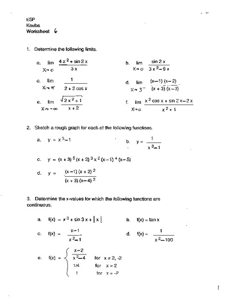 Limits and Functions Worksheet