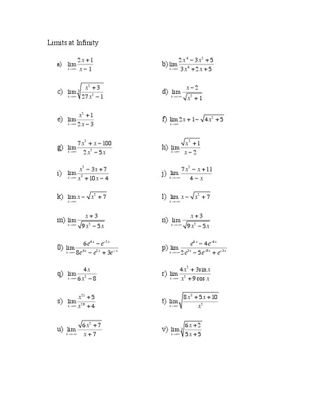 Limits at Infinity Worksheet