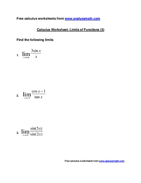 Limits of Functions Worksheet