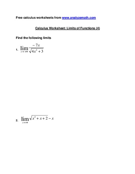 Limits of Functions Worksheet