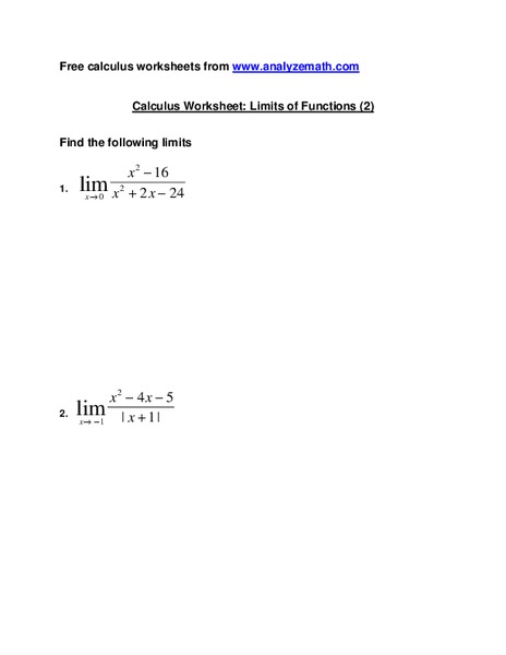 Limits of Functions Worksheet