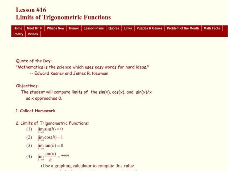 Limits of Trigonometric Functions Lesson Plan