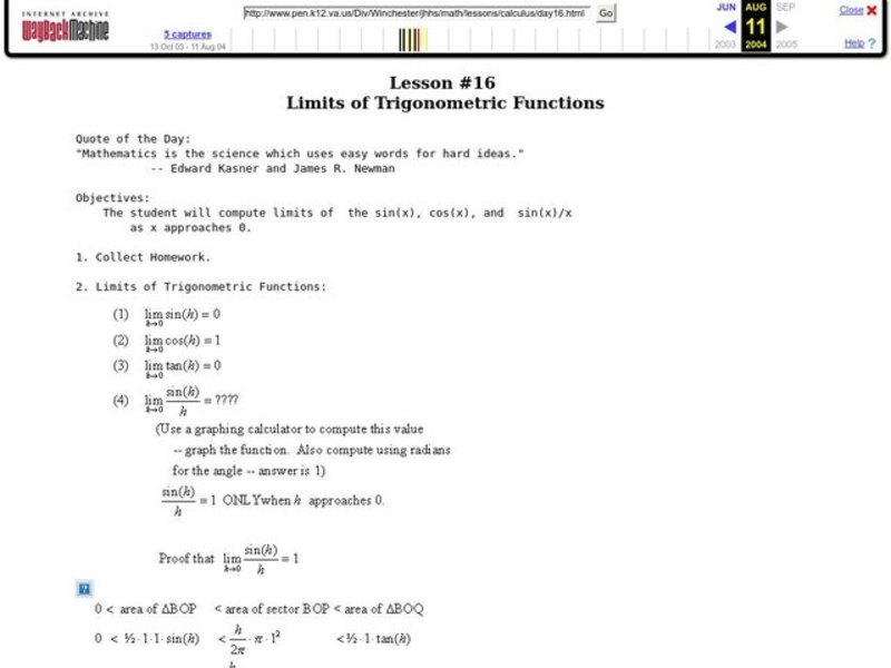 Limits Of Trigonometric Functions Lesson Plan