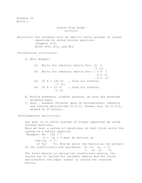 Linear Equations Lesson Plan