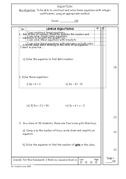 Linear Equations Worksheet