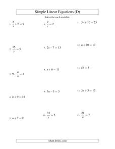 Linear Equations Worksheet