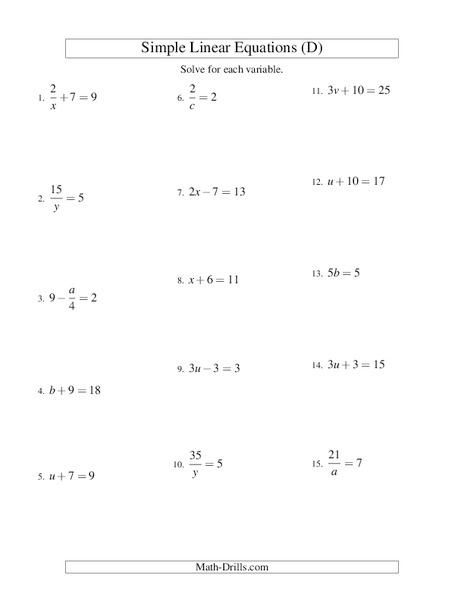 Linear Equations Worksheet