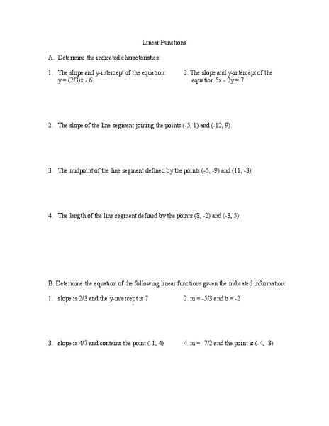 Linear Functions Worksheet