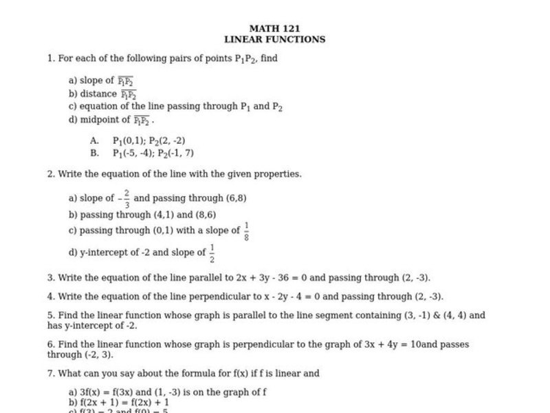 Linear Functions Worksheet
