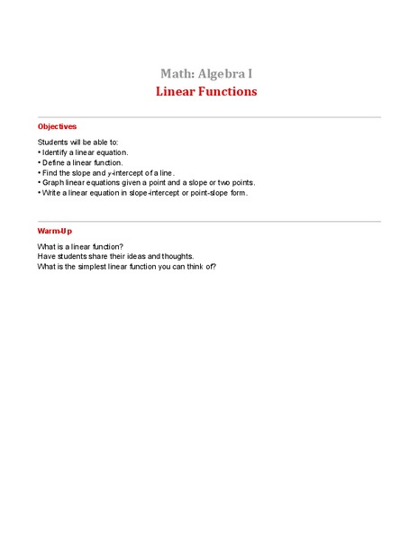 Linear Functions Lesson Plan