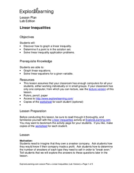 Linear Inequalities Lesson Plan