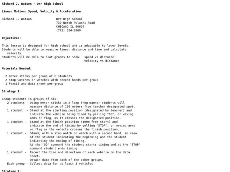 Linear Motion: Speed, Velocity & Acceleration Lesson Plan