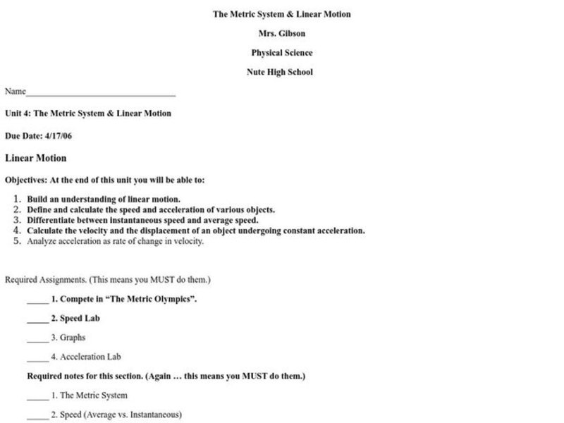 Linear Motion Lesson Plan