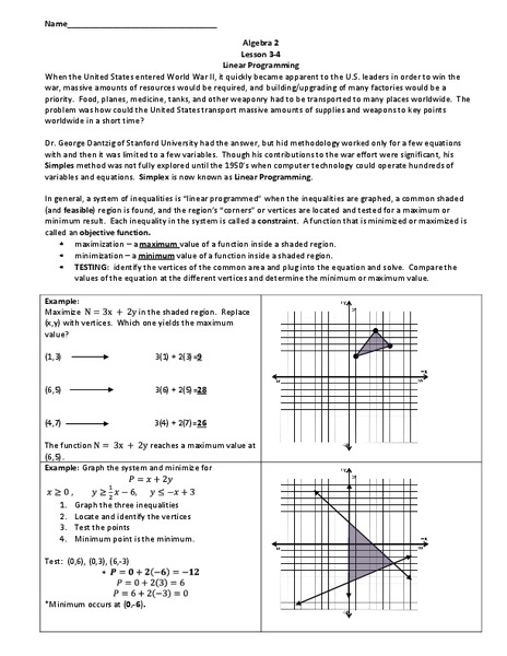 Linear Programming Worksheet